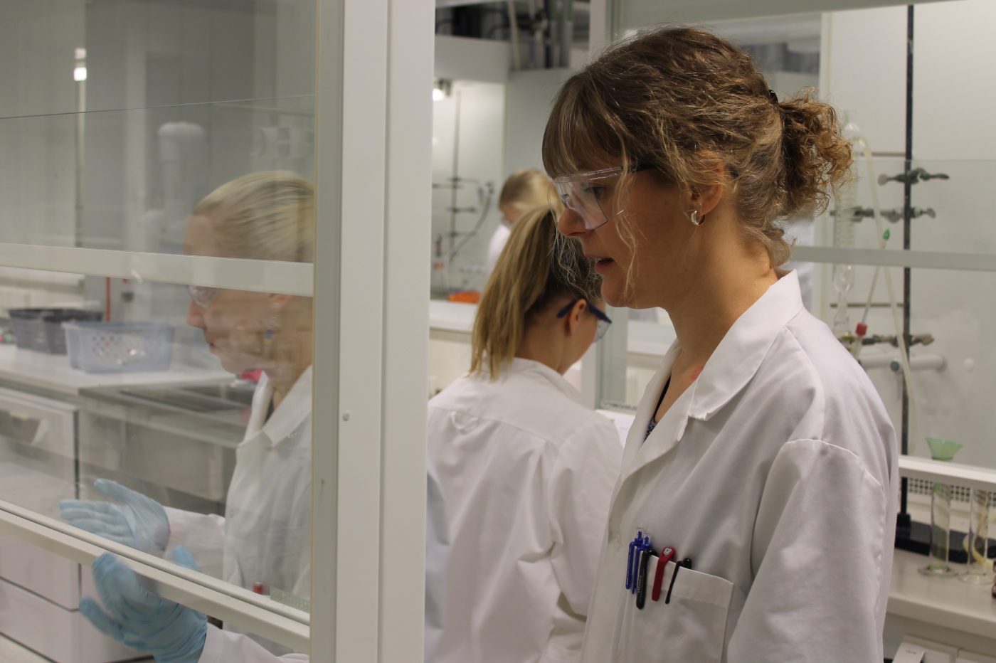 Orgaanisen kemian tutkijatohtori Johanna Kärkkäinen opettaa laboratoriokurssilla toisen vuosikurssin kemianopiskelijoita.