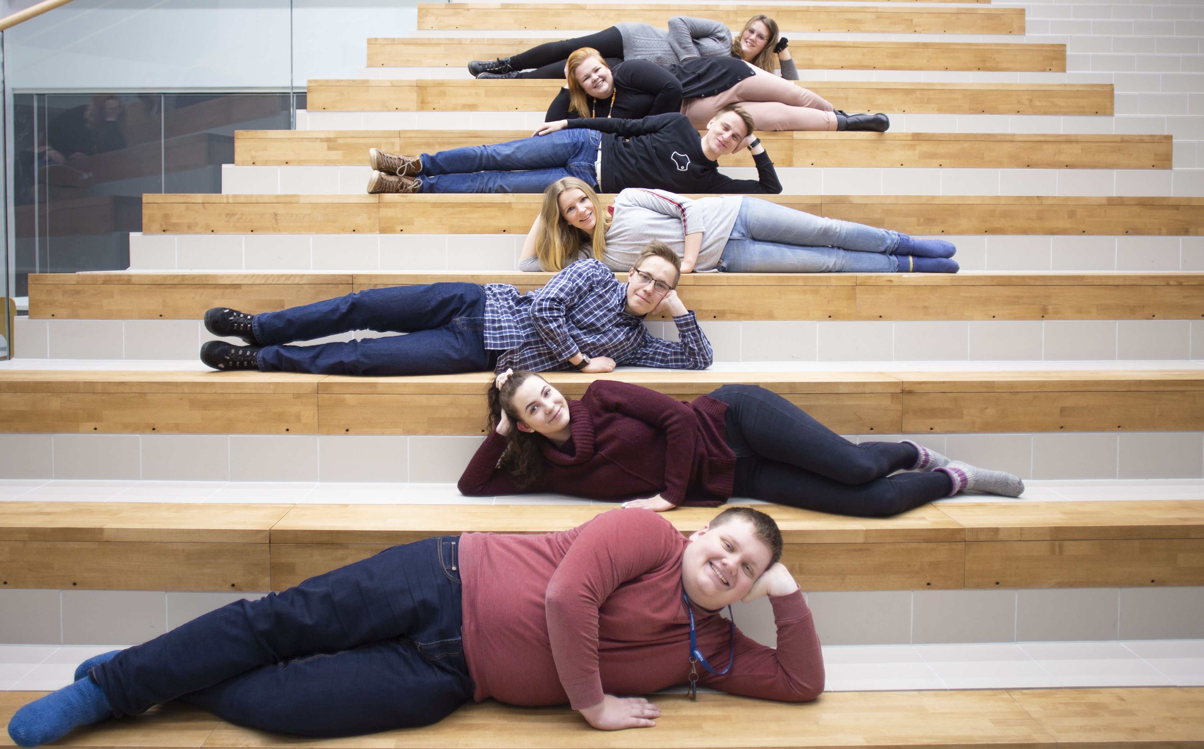 The new Board relaxing. From the bottom up pictured are Eetu Leinonen, Tia Rahkila, Jarkko Impola, Petra Nieminen, Santeri Siira, Eevasisko Mehtätalo and Reeta Mäki-Pollari.