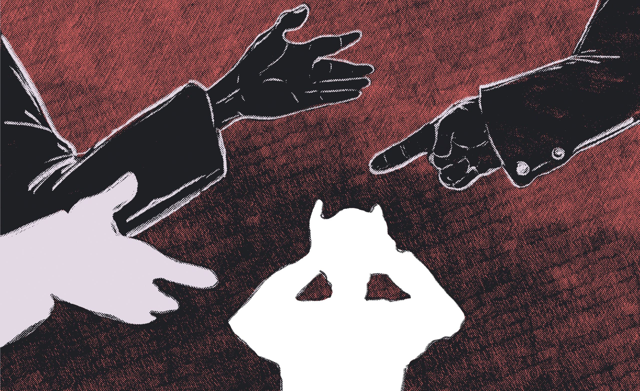 Piirretty käsi osoittaa hädissään olevaa henkilöä.